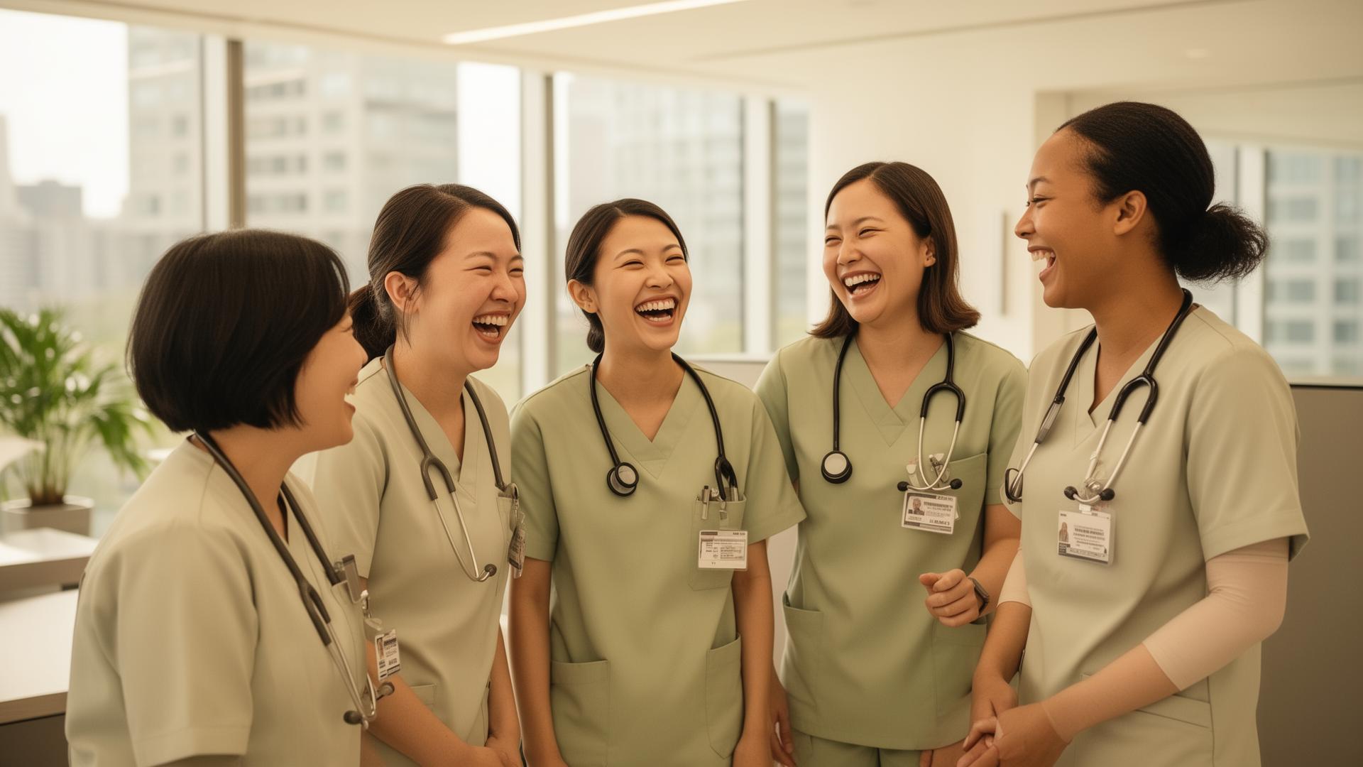 Diverse team of NexGen caregivers laughing together
