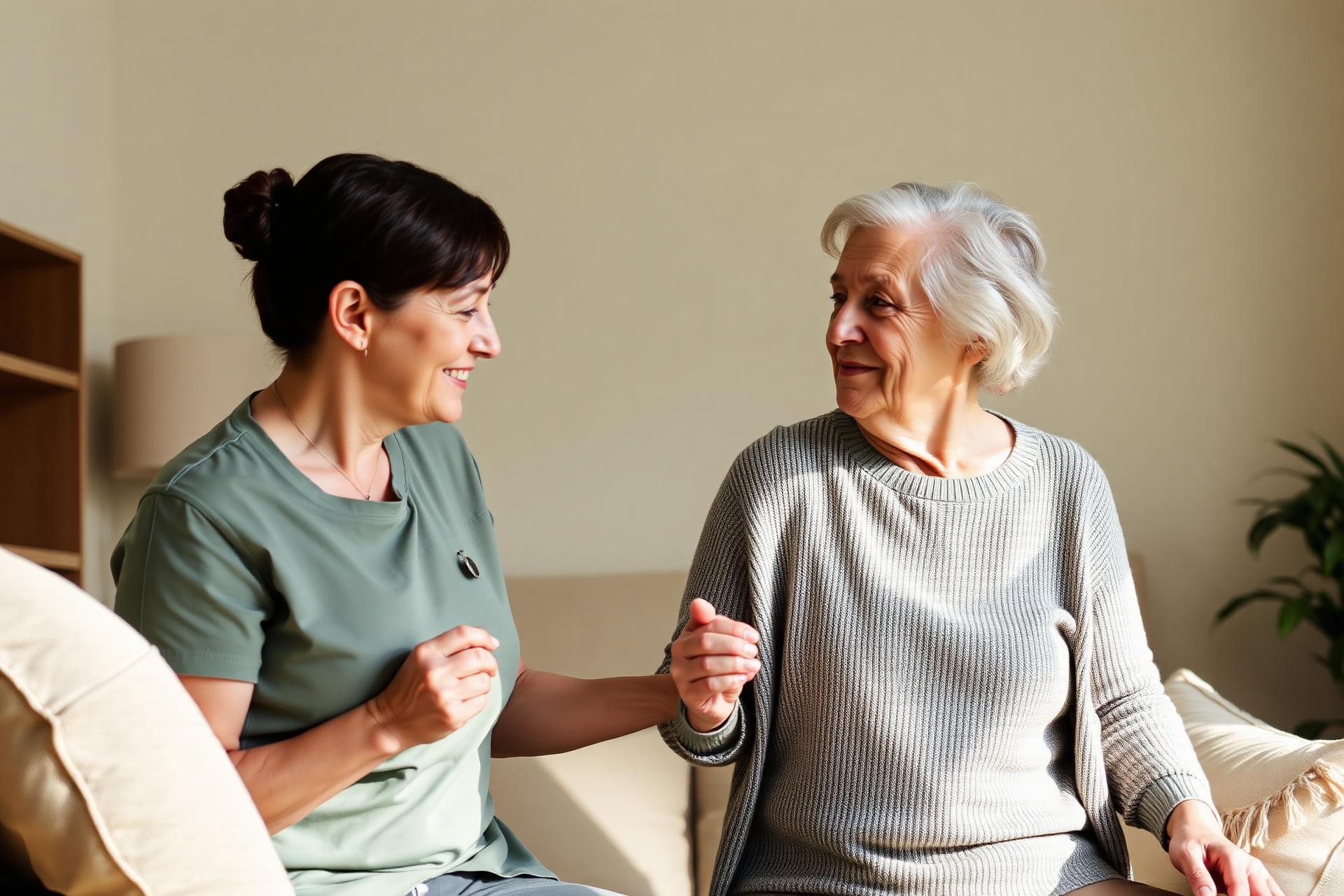 A caregiver gently holding hands with a senior in a warm, sunlit home